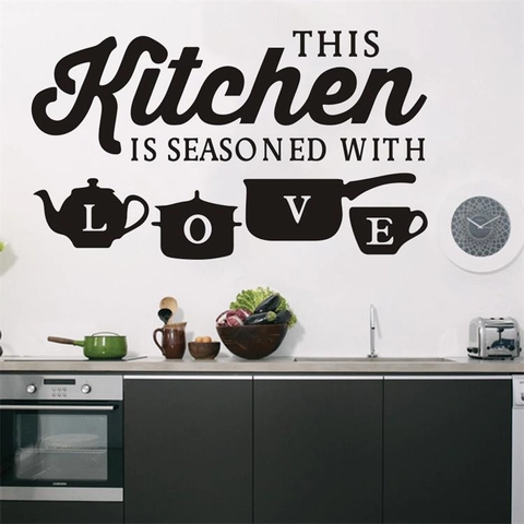 Kitchen Wall Decal Waterproof Removable PVC Vinyl Quote This Kitchen Is Seasoned With Love Utensils Home Decor Sticker