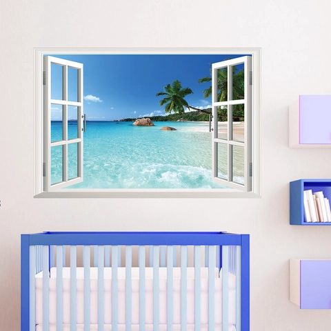 Pegatina de Pared 3D Ventana Falsa Playa Tropical Vista al Mar PVC Removible para Sala de Estar Dormitorio Decoración de Hogar