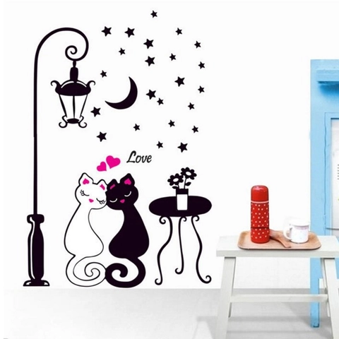 Romantisches Katzenpaar Unter Straßenlaterne Wandsticker Mond Sterne Muster DIY PVC Abnehmbarer Aufkleber Für Schlafzimmer