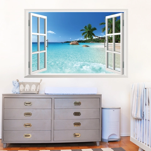 Pegatina de Pared 3D Ventana Falsa Playa Tropical Vista al Mar PVC Removible para Sala de Estar Dormitorio Decoración de Hogar