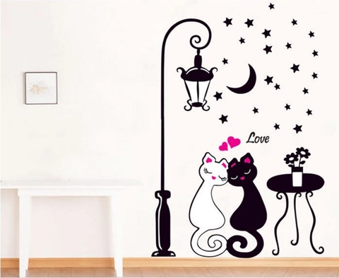 Romantisches Katzenpaar Unter Straßenlaterne Wandsticker Mond Sterne Muster DIY PVC Abnehmbarer Aufkleber Für Schlafzimmer