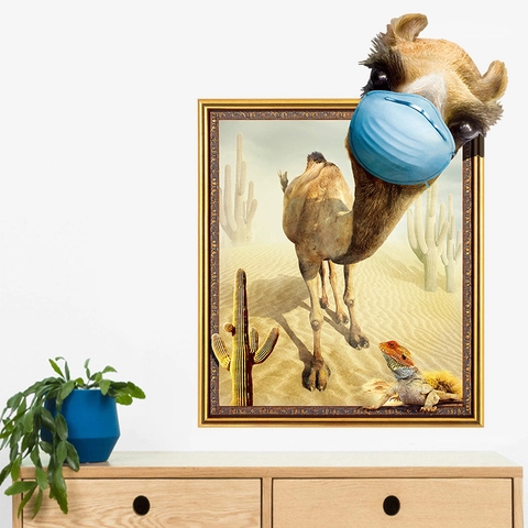 Adesivo Murale Cammello 3D Con Mascherina Blu Paesaggio Desertico Cactus Murale Rimovibile in PVC per Soggiorno Camera Bambini