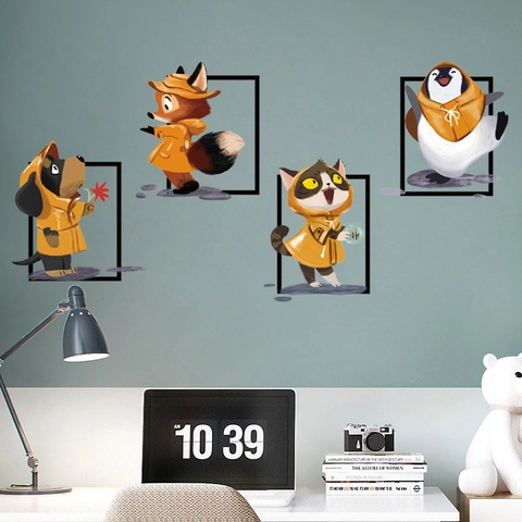 Cartoon Tier Regenmantel Wandaufkleber Abnehmbare PVC 3D Rahmen Effekt Hund Fuchs Katze Pinguin Kinderzimmer Wanddeko