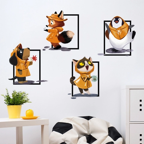Cartoon Tier Regenmantel Wandaufkleber Abnehmbare PVC 3D Rahmen Effekt Hund Fuchs Katze Pinguin Kinderzimmer Wanddeko