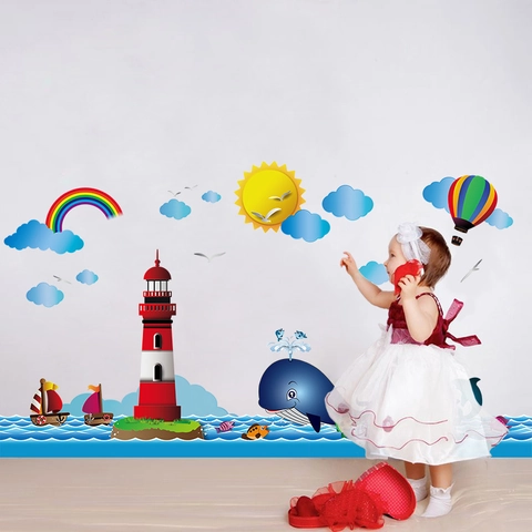 Nautical Ocean Lighthouse Wall Sticker For Kids Room Cartoon Whale Rainbow Sun PVC Waterproof Nursery Mural Art Home Decor