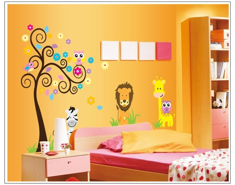 Vinilos Decorativos de Árbol con Animales de Dibujos Animados PVC Impermeable Removible para Dormitorio Infantil DIY