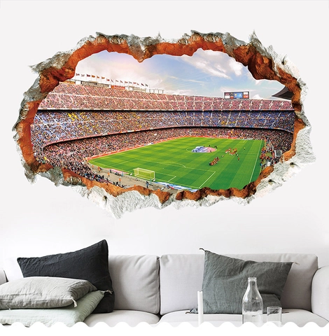 Pegatina de Pared de Estadio de Fútbol de Pared Rota 3D PVC Creativo Mural Removible Arte Para Aficionados al Deporte Sala de Estar