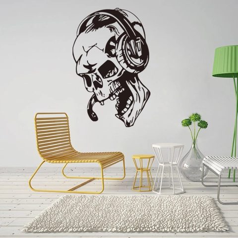 Creative PVC Skull Wearing Headphones Wall Sticker Waterproof Vinyl Home Decor For Living Room Bedroom Studio Sticker Mural