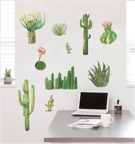 Pegatina de Pared de PVC de Cactus Suculenta Acuarela Removible Impermeable Planta Verde para Sala de Estar Dormitorio