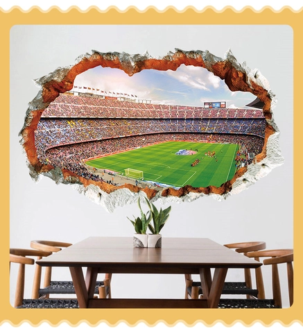 Pegatina de Pared de Estadio de Fútbol de Pared Rota 3D PVC Creativo Mural Removible Arte Para Aficionados al Deporte Sala de Estar
