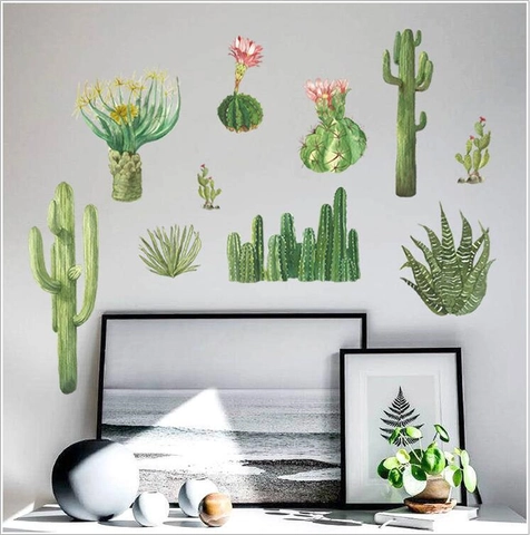 Pegatina de Pared de PVC de Cactus Suculenta Acuarela Removible Impermeable Planta Verde para Sala de Estar Dormitorio