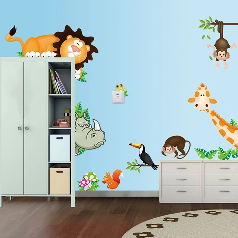 Cartoon Jungle Animals Wall Decal Waterproof PVC Giraffe Monkey Lion Tree Stickers For Kids Room Nursery Kindergarten Home Decor