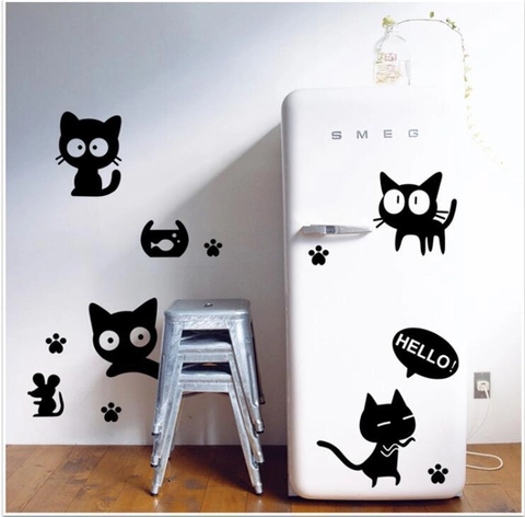 Cartoon Black Cat Wall Stickers For Kids Room Bedroom PVC Removable Animal Silhouette DIY Wall Decals With Mouse Paw Prints