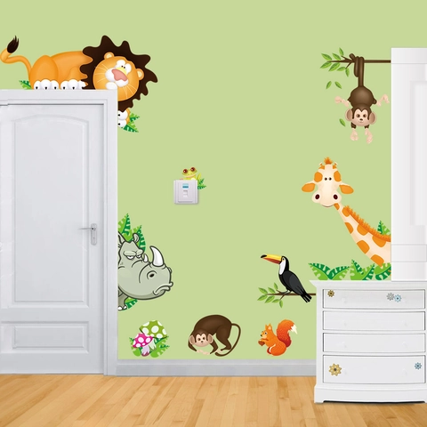 Cartoon Jungle Animals Wall Decal Waterproof PVC Giraffe Monkey Lion Tree Stickers For Kids Room Nursery Kindergarten Home Decor