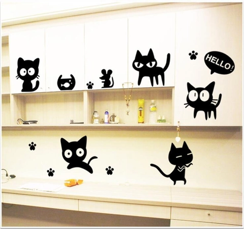 Cartoon Black Cat Wall Stickers For Kids Room Bedroom PVC Removable Animal Silhouette DIY Wall Decals With Mouse Paw Prints