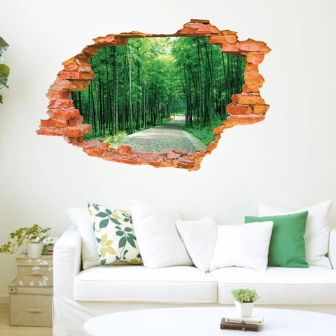 Adesivo da Parete Effetto Muro Rotto Sentiero Forestale 3D PVC Impermeabile Murale Paesaggistico Creativo per Soggiorno Camera da Letto Decorazione