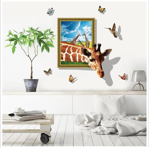 Adesivi Murali 3D Cornice Giraffa Removibili in PVC Animali Farfalle Uccelli Impermeabili Murales per Soggiorno Casa Decor