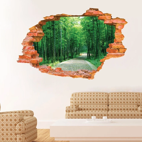 Adesivo da Parete Effetto Muro Rotto Sentiero Forestale 3D PVC Impermeabile Murale Paesaggistico Creativo per Soggiorno Camera da Letto Decorazione