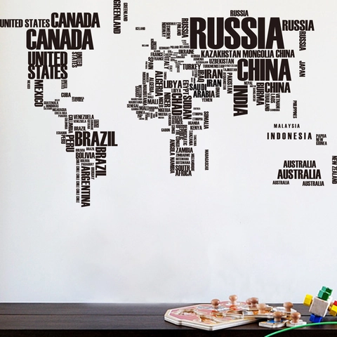 Moderno Adesivo Murale Mappa Mondo Tipografia PVC Impermeabile Lettere Inglesi Mappa Murale per Soggiorno Ufficio Decorazione