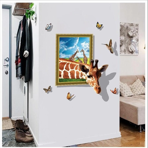 Adesivi Murali 3D Cornice Giraffa Removibili in PVC Animali Farfalle Uccelli Impermeabili Murales per Soggiorno Casa Decor