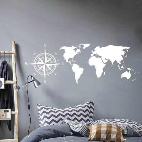 Weltkarte Kompass Wandaufkleber Abnehmbar PVC Dekor Für Wohnzimmer Schlafzimmer Büro Haus Karte Kompass Geometrisches Design