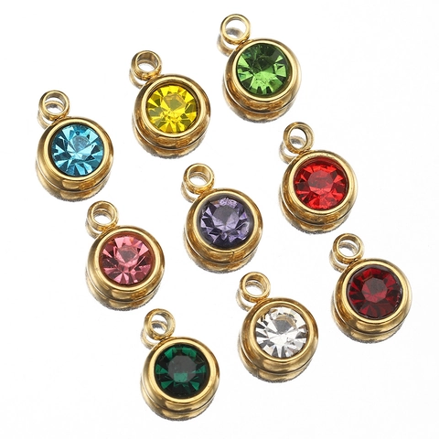 Stainless Steel Round Birthstone Pendant Rhinestone Inlaid Small Sparkling Charm For Jewelry Making Lucky Birthday Gift Accessories