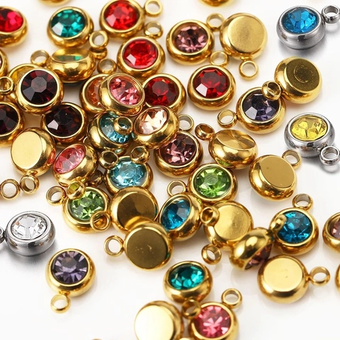 Stainless Steel Round Birthstone Pendant Rhinestone Inlaid Small Sparkling Charm For Jewelry Making Lucky Birthday Gift Accessories