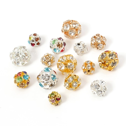 Cuentas de Bola Hueca de Cobre con Diamantes de Imitación para Joyería DIY Cuentas Espaciadoras de Cristal Multicolor Accesorios