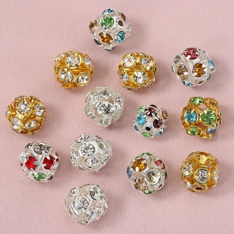 Cuentas de Bola Hueca de Cobre con Diamantes de Imitación para Joyería DIY Cuentas Espaciadoras de Cristal Multicolor Accesorios