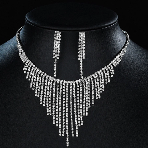 Elegant Silver Tassel Rhinestone Necklace And Earring Luxury Alloy V-Shape Fringe Jewelry For Wedding Banquet Women