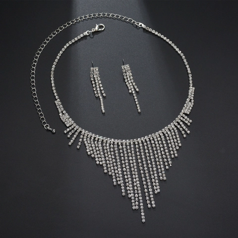 Elegant Silver Tassel Rhinestone Necklace And Earring Luxury Alloy V-Shape Fringe Jewelry For Wedding Banquet Women