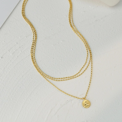 Drielaagse Titanium Staal Bolletjesketting Halsketting Met Engel Cupido Munt Relief Hanger Vintage Minimalistische Sieraden Voor Dames