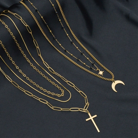 Vintage Mehrreihige Halskette Aus Titanstahl Für Damen Vergoldet Kreuz Mond Stern Münze Anhänger Minimalistischer Schmuck