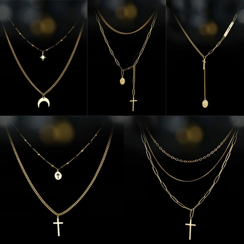 Vintage Mehrreihige Halskette Aus Titanstahl Für Damen Vergoldet Kreuz Mond Stern Münze Anhänger Minimalistischer Schmuck