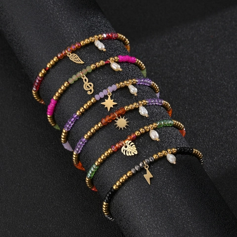 Bohemian Stainless Steel Colored Bead Bracelet For Women Hand-woven Adjustable Artificial Pearl Charm Wristband Jewelry