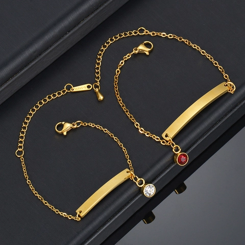 Stainless Steel Gold Bar Bracelet With Round Zirconia Charm Crown Engraved Adjustable Chain For Women Kids Fashion Jewelry