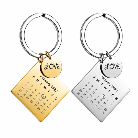 Personalized Stainless Steel Calendar Keychain For Couples Anniversary Date Engraved Square Round Tag Key Ring Men Women Jewelry Gift
