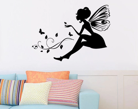 Elegant Flower Fairy Butterfly Silhouette Wall Sticker Waterproof PVC Decal For Bedroom Living Room Kids Room Home Decor