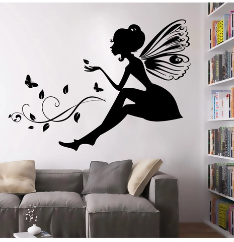 Elegant Flower Fairy Butterfly Silhouette Wall Sticker Waterproof PVC Decal For Bedroom Living Room Kids Room Home Decor