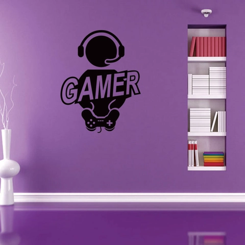 Vinilo Decorativo Gamer Mando de Juego Auriculares Impermeable PVC Pegatina para Sala de Juegos Dormitorio Decoración Negro