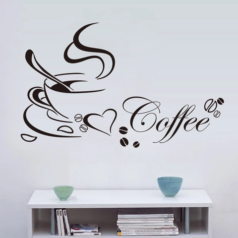 Coffee Cup Wall Sticker Waterproof Removable PVC Kitchen Dining Room Decoration Modern Coffee Beans Heart Art Letter Wall Decal