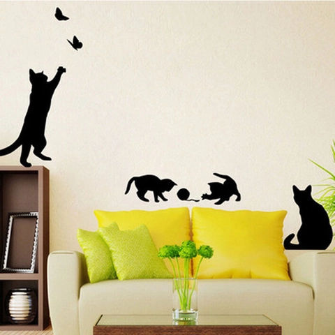 Pegatina de Pared Silueta de Gato Y Mariposa de PVC Removible Calcomanía Decorativa Moderna DIY para Decoración de Sala