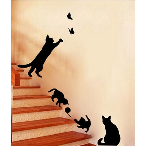 Pegatina de Pared Silueta de Gato Y Mariposa de PVC Removible Calcomanía Decorativa Moderna DIY para Decoración de Sala