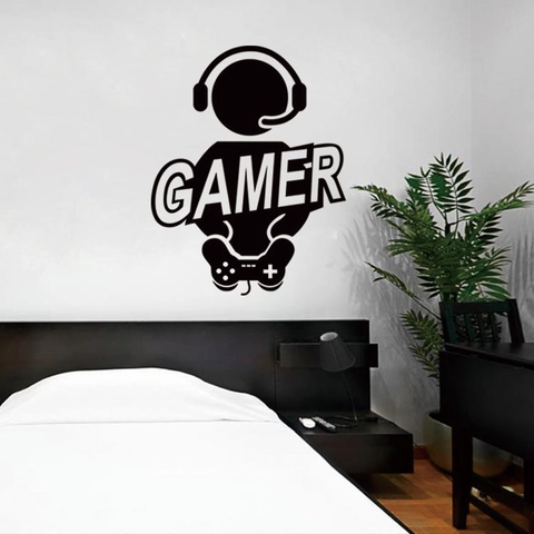 Vinilo Decorativo Gamer Mando de Juego Auriculares Impermeable PVC Pegatina para Sala de Juegos Dormitorio Decoración Negro