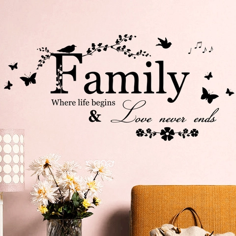 Adhesivo de Pared Family Life Begins Love Never Ends PVC Negro Cita Decorativo Flores Botánicas Pájaro Mariposa Arte