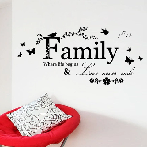 Adhesivo de Pared Family Life Begins Love Never Ends PVC Negro Cita Decorativo Flores Botánicas Pájaro Mariposa Arte