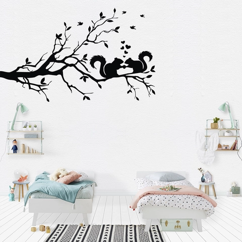Moderne Tak Eekhoorn Vogel Silhouet Muursticker Verwijderbare PVC Decoratieve Sticker Voor Slaapkamer Woonkamer Kinderkamer Zwart