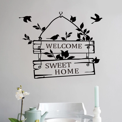 Vinilo Decorativo de PVC Welcome Sweet Home Pájaros Rama de Árbol Impermeable Removible Mural para Sala de Estar Dormitorio