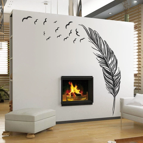 Adesivo Murale Moderno Minimalista con Silhouette di Piuma e Uccelli in PVC Grande Impermeabile Fai-da-Te per Camera da Letto Soggiorno