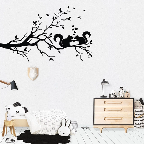 Moderne Tak Eekhoorn Vogel Silhouet Muursticker Verwijderbare PVC Decoratieve Sticker Voor Slaapkamer Woonkamer Kinderkamer Zwart